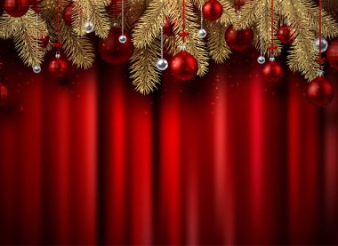 Çam dalları ve kırmızı saten Tekstil zemin üzerinde Noel topları ile Noel ve yeni yıl parlak kartı