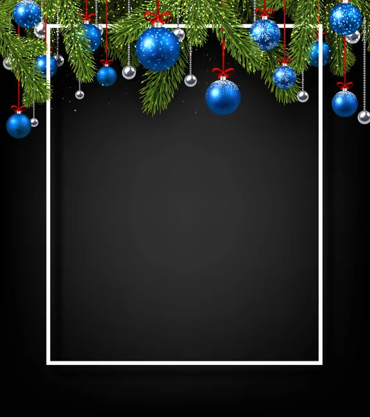 Beyaz Bir Çerçeve Çam Dalları Mavi Noel Topları Ile Siyah — Stok Vektör