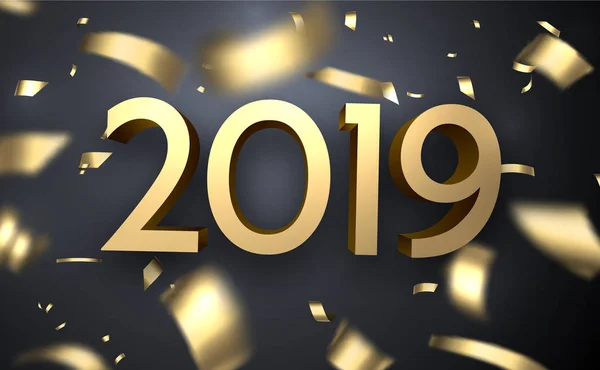 Feliz Ano Novo 2019 Cartaz Festivo Com Confete Embaçado Dourado — Vetor de Stock