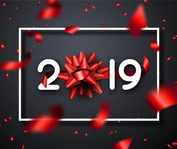 Happy New Year 2019 Poster Bow Red Blurred Confetti Grey — Stock Vector