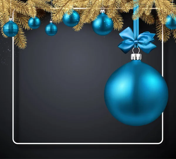フレーム モミの枝と青いクリスマス ボール グレー メリー クリスマスと幸せな新年のグリーティング カード — ストックベクタ