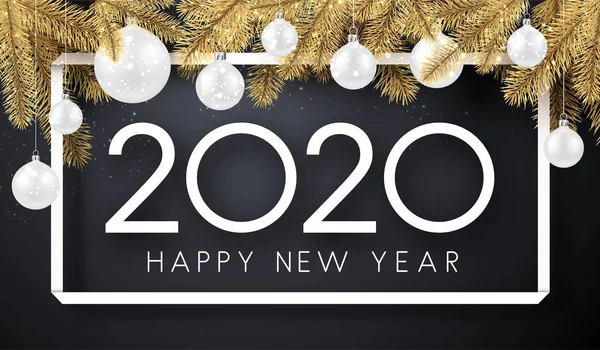 Felice Anno Nuovo 2020 Carta Con Cornice Rami Abete Palline — Vettoriale Stock