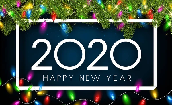 蓝色快乐新年2020闪亮的卡片与白色框架 冷杉树枝和五颜六色的装饰灯笼 — 图库矢量图片