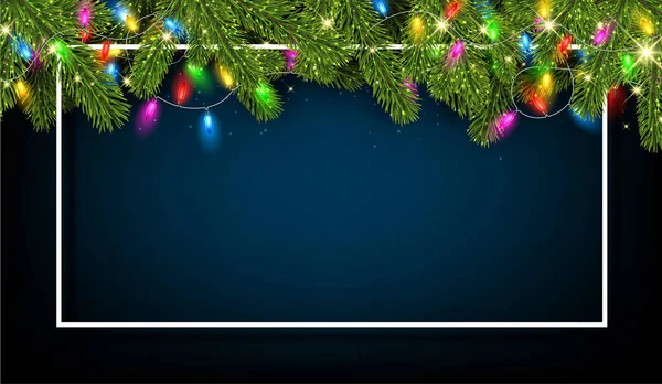 Natal Azul Ano Novo Cartaz Brilhante Com Moldura Branca Ramos — Vetor de Stock