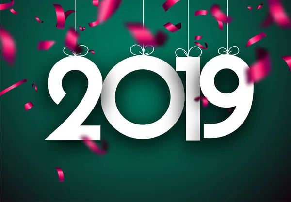 Carte Voeux Nouvel 2019 Verte Avec Confettis Flous Roses Sur — Image vectorielle