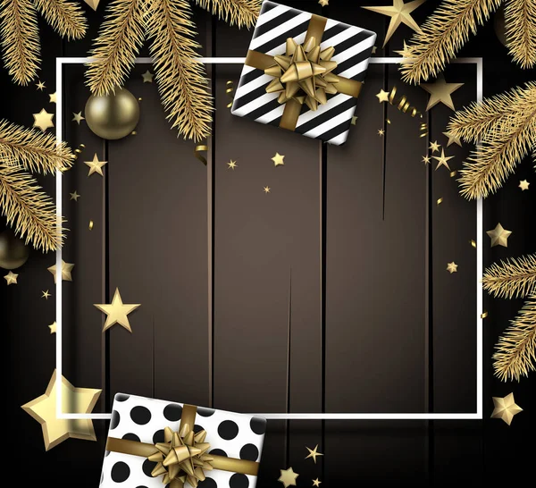 Vrolijke Kerstmis Gelukkig Nieuwjaar Houten Kaart Met Wit Frame Fir — Stockvector