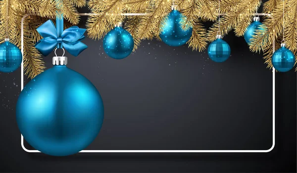 Новим Роком Різдвом Сірий Плакат Кадру Ялиця Філій Синіх Кульок — стоковий вектор