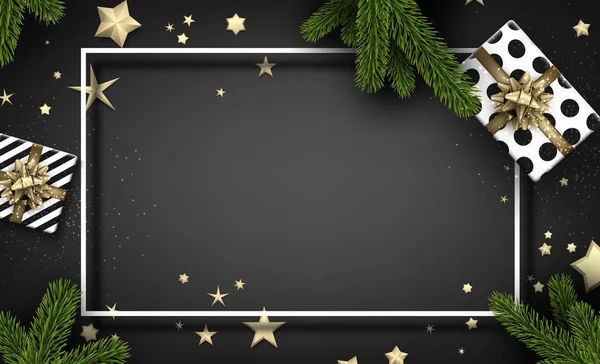 Vrolijke Kerstmis Gelukkig Nieuwjaar Kaart Met Wit Frame Fir Takken — Stockvector