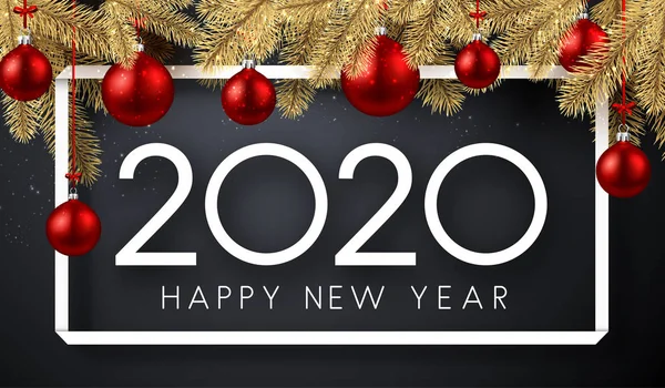 新年快乐2020卡与框架 冷杉树枝和红色圣诞球在灰色 — 图库矢量图片