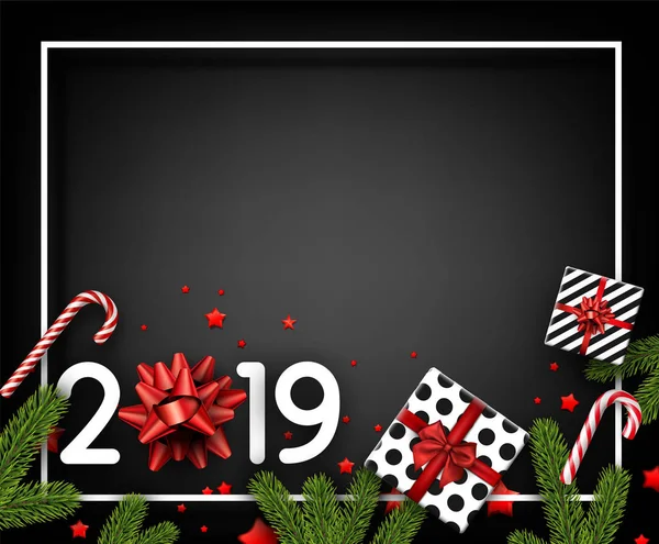 Šťastný Nový Rok 2019 Karta Bílý Rámeček Větve Jedle Dárky — Stockový vektor
