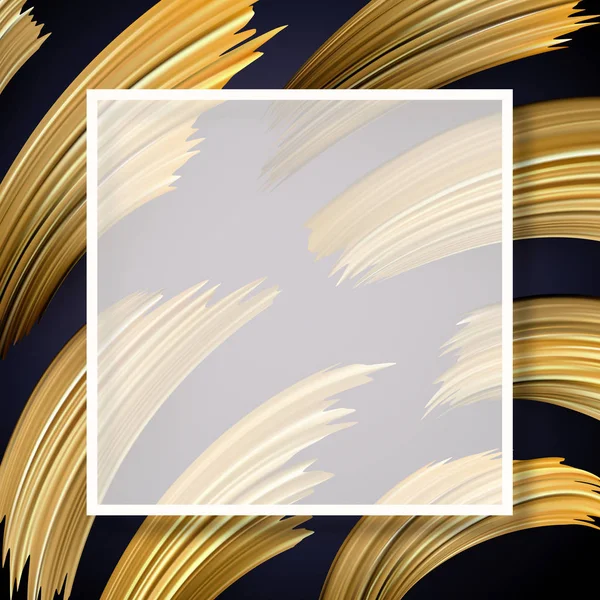 Cartaz Abstrato Com Moldura Quadrada Transparente Pinceladas Douradas — Vetor de Stock