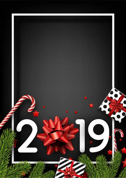 Gelukkig Nieuwjaar 2019 Poster Met Wit Frame Fir Takken Geschenkverpakkingen — Stockvector