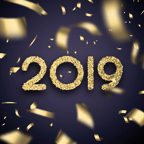 Frohes Neues Jahr 2019 Festlich Glänzendes Plakat Mit Goldenem Konfetti — Stockvektor