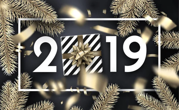 Tarjeta Felicitación Navidad Año Nuevo 2019 Con Regalo Ramas Abeto — Vector de stock