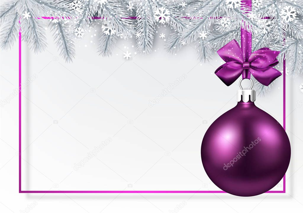 White Merry Christmas and Happy New Year card with frame, fir branches, snow and violet Christmas ball