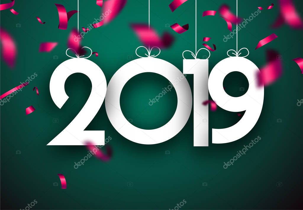 Green New Year 2019 greeting card with pink blurred confetti on green
