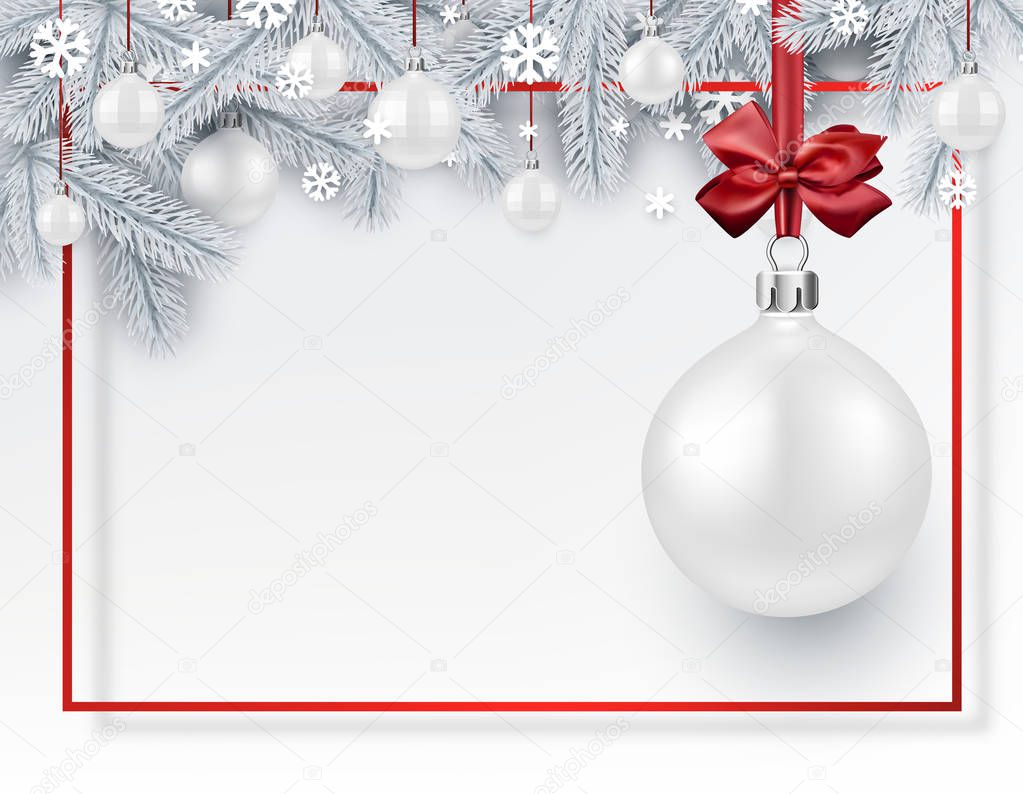 White Merry Christmas and Happy New Year card with red frame, fir branches and white Christmas balls