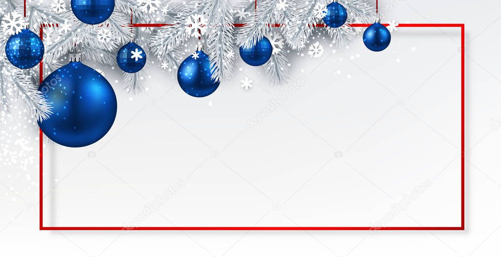 White Christmas and New Year banner with red frame, fir branches, snow and blue Christmas balls
