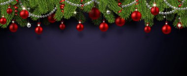 Beyaz Noel ve yeni yıl poster çam dalları ve kırmızı parlak Noel topları, vektör çizim ile