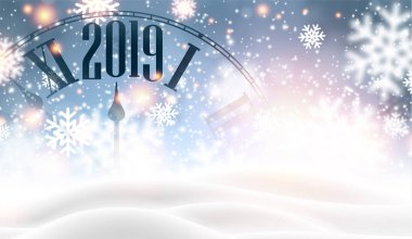 Noel ve yeni yıl 2019 parlak kartı saat ve kar, vektör çizim ile