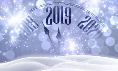 Saat, kar ve ışıklar ile Lila parlak 2019 Happy New Year poster. Bokeh etkisi, vektör çizim