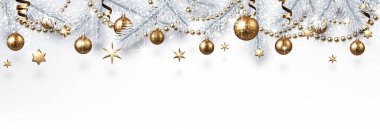 Gümüş göknarı şube ve altın parlak Noel süsleri, vektör çizim ile beyaz Noel ve yılbaşı banner