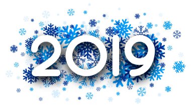Beyaz yeni yıl 2019 kış poster mavi kar taneleri, vektör çizim ile