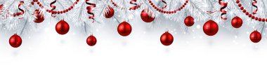 Beyaz çam dalları ve kırmızı parlak Noel topları ile Noel ve yılbaşı banner. Festival tasarım, vektör çizim