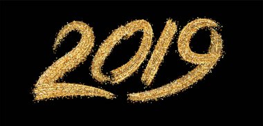 Siyah zemin, vektör çizim üzerinde altın Fırça kontur tasarımı ile yeni yıl 2019 yaratıcı poster