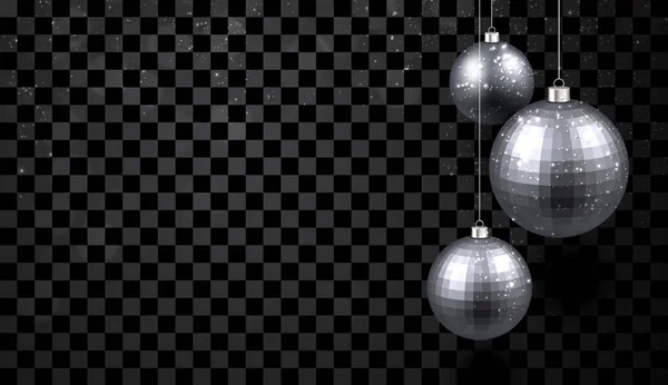 Kerstmis Nieuwjaarskaart Met Zilver Glanzend Kerst Ballen Transparante Achtergrond Vectorillustratie — Stockvector