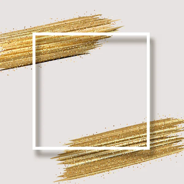 Cartão Abstrato Com Moldura Quadrada Branca Pinceladas Douradas Brilhantes Modelo — Vetor de Stock