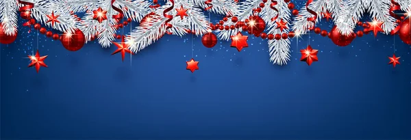 Μπλε Χριστούγεννα Και Νέο Έτος Πανό Κλαδιά Ελατη Και Κόκκινο — Διανυσματικό Αρχείο