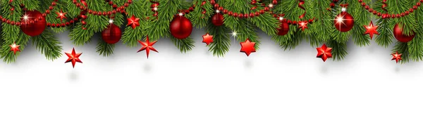 Weißes Weihnachts Und Neujahrsbanner Mit Tannenzweigen Und Rot Glänzendem Weihnachtsschmuck — Stockvektor