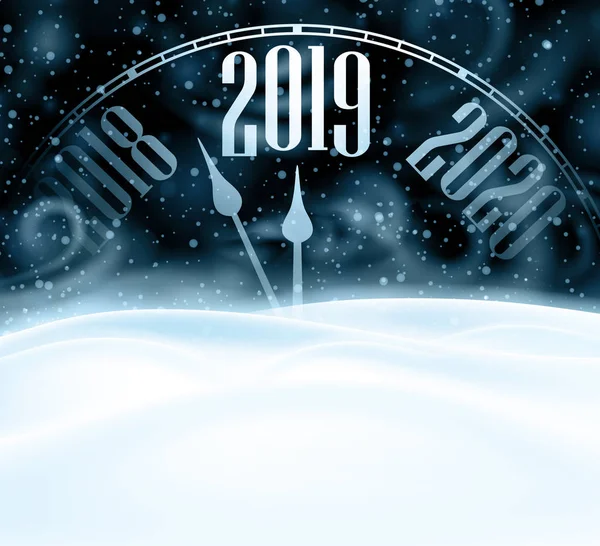 Happy New Year 2019 Card Clock Snow Blizzard Vector Illustration — Stock Vector