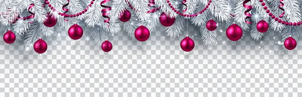 Weihnachts Und Neujahrsbanner Mit Weißen Tannenzweigen Und Rosa Weihnachtskugeln Auf — Stockvektor