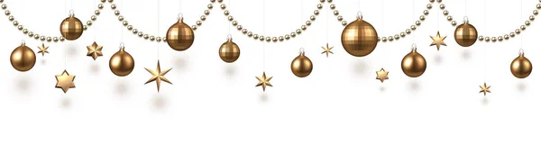 ゴールデン クリスマス ボールと装飾 ベクトル図でホワイト クリスマスと新年のバナー — ストックベクタ