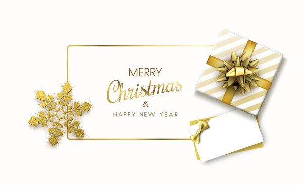 White Merry Christmas Happy New Year Greeting Card Gift Golden — Stock Vector