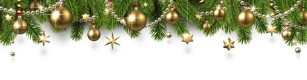 Белое Новогоднее Знамя Еловыми Ветвями Золотыми Блестящими Рождественскими Украшениями Векторная — стоковый вектор