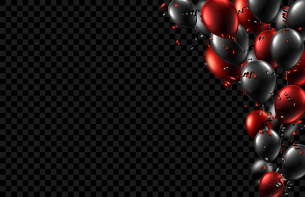 Festplakat Mit Schwarz Rot Glänzenden Luftballons Und Konfetti Auf Transparentem — Stockvektor
