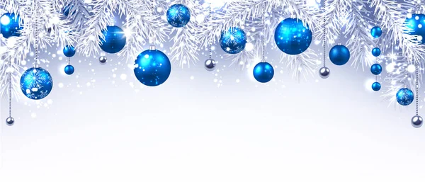 Weihnachts Und Neujahrsbanner Mit Tannenzweigen Und Blauen Weihnachtskugeln Vektorillustration — Stockvektor