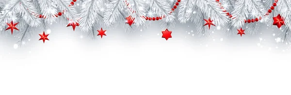 Різдвяно Новорічний Блискучий Банер Білими Ялиновими Гілками Червоними Зірками Різдвяними — стоковий вектор