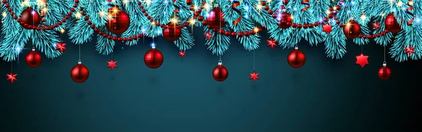 Modré Vánoce Nový Rok Banner Větvemi Jedlí Červené Lesklé Vánoční — Stockový vektor