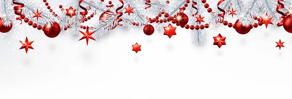モミ枝と赤い光沢のあるクリスマスの装飾 ベクトル図でホワイト クリスマスと新年のバナー — ストックベクタ