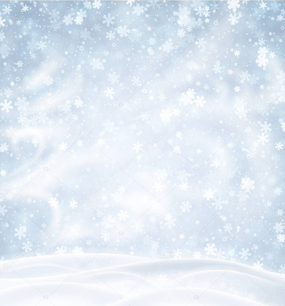 Blue poster with winter landscape, snowflakes and blizzard, vector illustration
