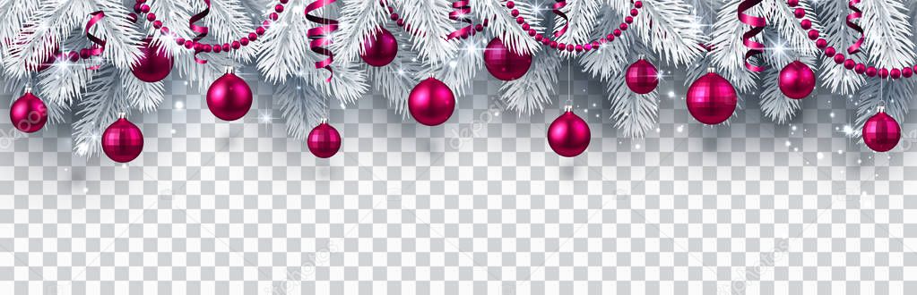 Christmas and New Year banner with white fir branches and pink Christmas balls on transparent backdrop. Festive design, vector illustration