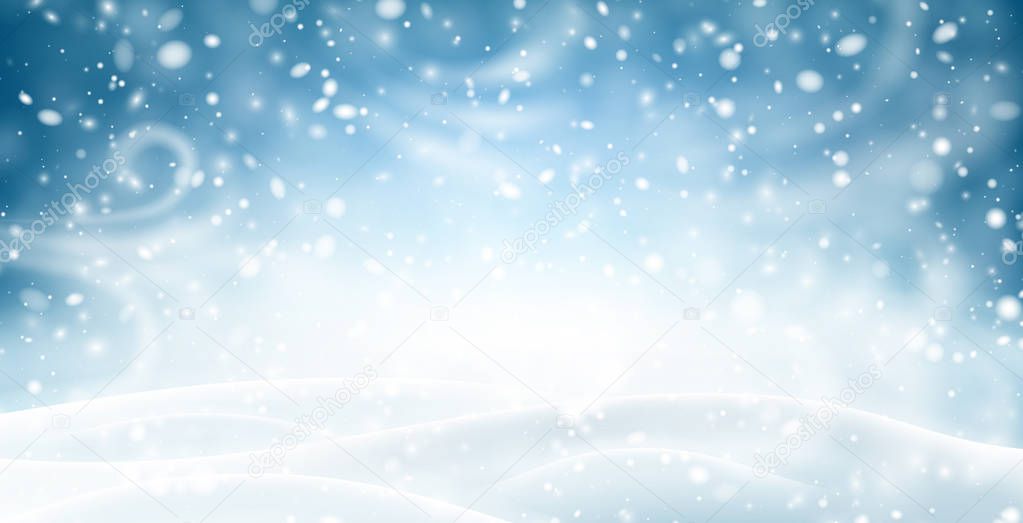 Blue shiny banner with winter landscape, snow and blizzard, vector illustration