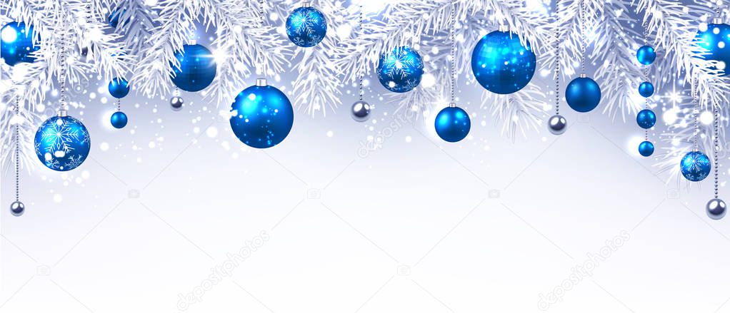 Christmas and New Year banner with fir branches and blue Christmas balls, vector illustration