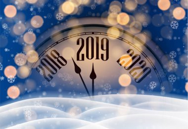 Saat, kar ve ışıklar ile mavi parlak 2019 mutlu yeni yıl kartı. Bokeh etkisi. Vektör arka plan.