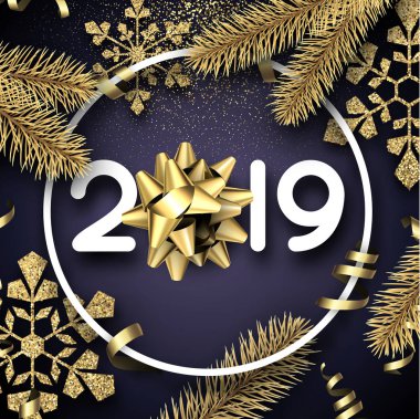 Mutlu yeni yıl 2019 kartı altın çam dalları, kar taneleri ve saten yay. Vektör arka plan.