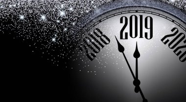 Parlak mutlu yeni yıl 2019 poster bulanık saat ve gümüş ışıkları ile. Vektör arka plan